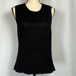 Elegant Black Silk Linen blend Knit Tank Top with Scalloped Hem Due pet Due